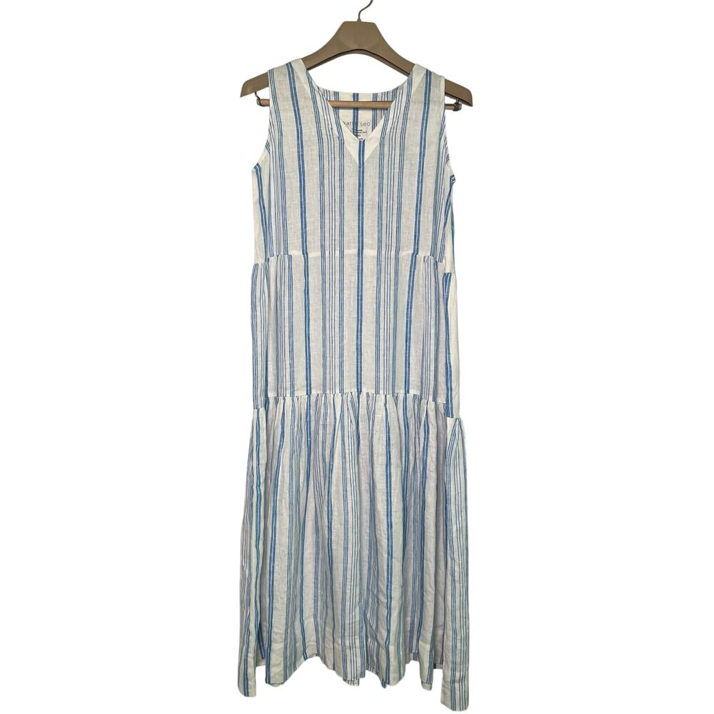 Karyn Seo Maxi Dress Linen Striped Size SMALL Coastal Blue White New With Tag
